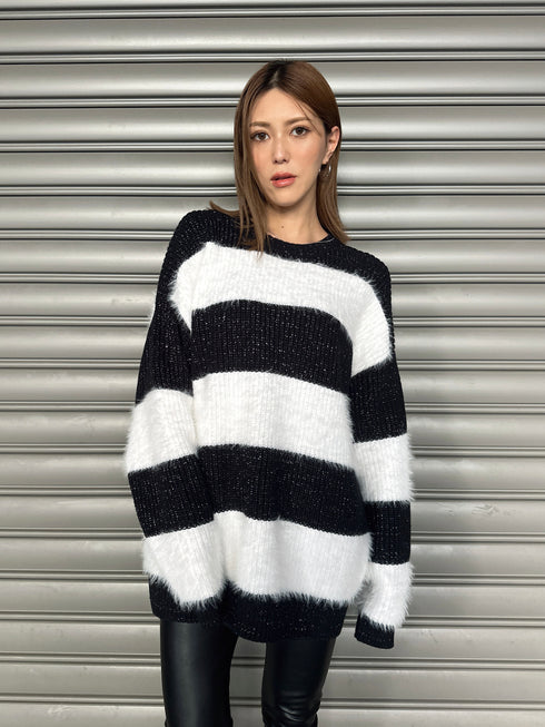 シャギーラメボーダーニットトップス